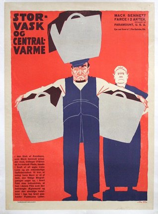 a poster of a man carrying a large container on his head