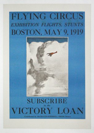 a blue and white poster with a picture of a plane flying in the sky