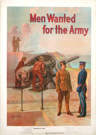 a poster of men standing next to a cannon