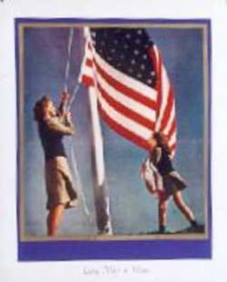 a woman and child holding a flag