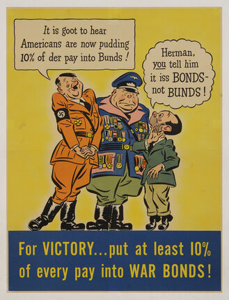 Color poster issued in 1942 featuring cartoon caricatures of Adolph Hitler (left), Hermann Goering (center), and Joseph Goebbels (right) which urges Americans to buy war bonds with use of this message: 