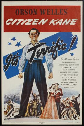 a movie poster with a man standing on a red and blue background