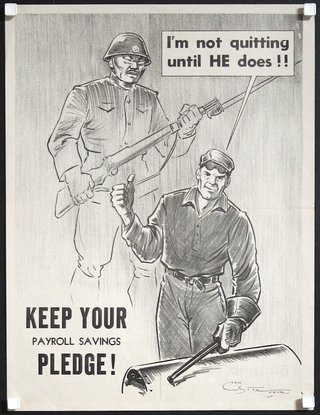 a black and white poster of two men holding a shovel