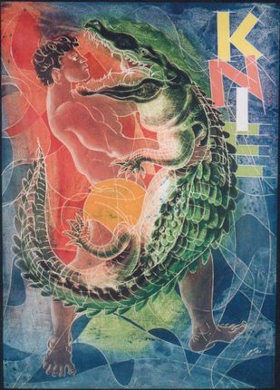 a poster with a man fighting a crocodile