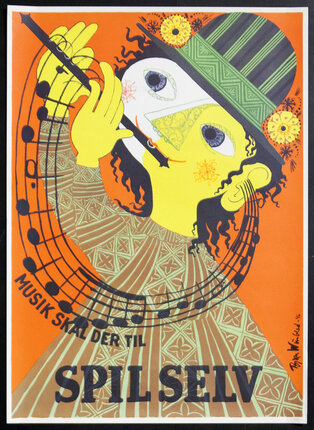 a poster of a man playing a flute