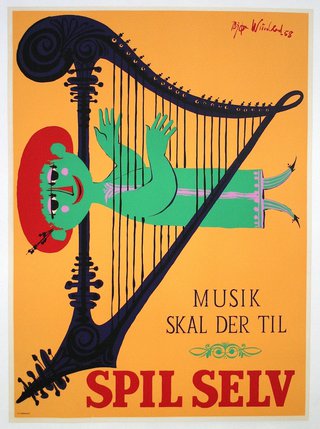 a poster of a green creature playing a harp
