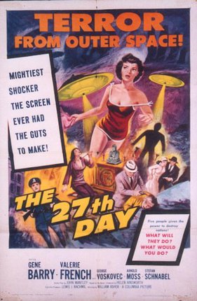 a movie poster with a woman running away from a man
