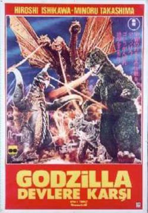 a poster with a group of godzilla