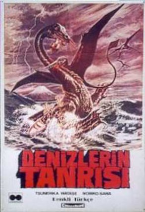 a poster of a dragon attacking a sea monster