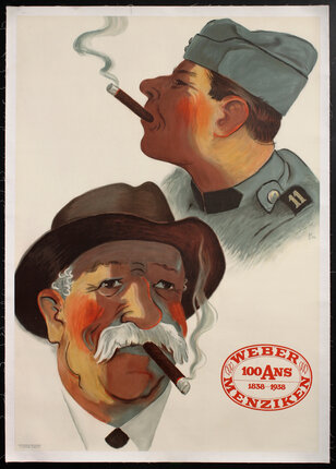 poster with an illustration of two men smoking cigars, one is a young soldier, the other is an older gentleman with a mustache and hat.