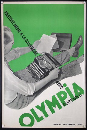 a poster with a person using a typewriter