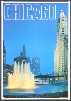 a poster with a fountain in front of a city