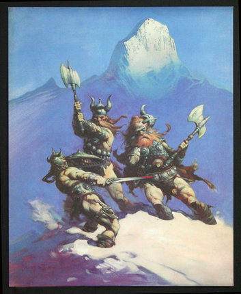 a painting of men in armor holding axes