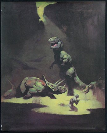 a painting of a dinosaur and a man