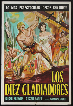 illustrated poster with a gladiator wielding a sword in one hand and supporting a wooden beam with the other, a woman at his side and other gladiators fighting.