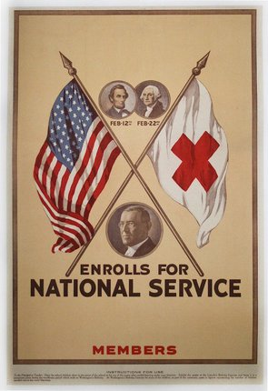 a poster with flags and a man in the background