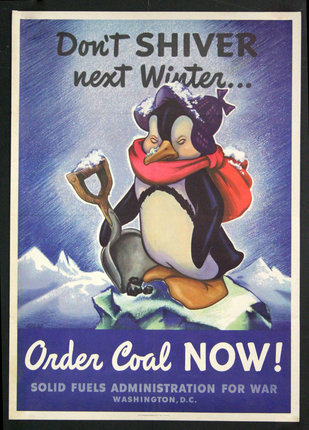 a poster of a penguin with a shovel