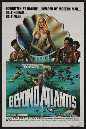 movie poster with a woman sitting in a clam shell and people with bulging eyes and underwater scenes