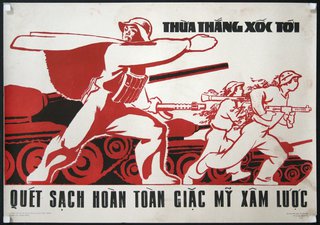a red and black poster with a man running with a gun