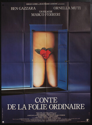 a poster of a woman's genitalia obscured by a rose and peeking through an open door