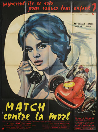movie poster with an illustration of a woman with short hair on the phone and a racing car below her speeding toward us