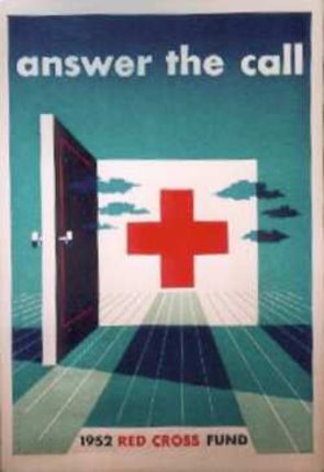 a poster of a red cross in a room