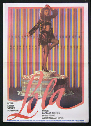 a poster of a woman standing on a cake