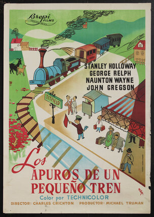 movie poster with a cartoon illustration of a train going through a town with folk waiting at the station