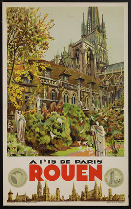 a poster of a large cathedral and trees