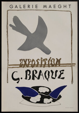 poster with an abstract silhouette of a flying bird and hat on the ground?