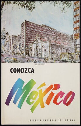 Mexican travel poster with a watercolor image of a street with buildings