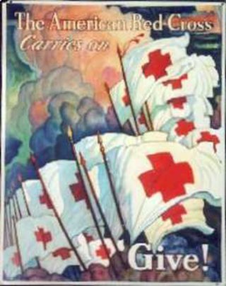 a poster with red cross flags