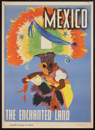 a poster with an abstract illustration of a dancer wearing a colorful feather headdress