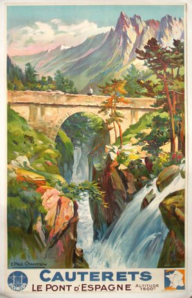 a painting of a waterfall and a bridge