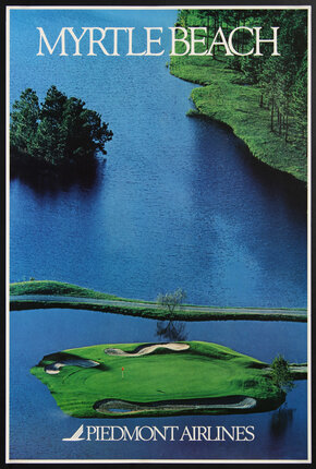 a golf course with a lake and a golf course