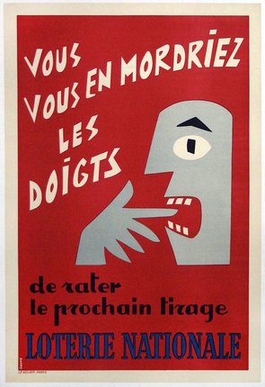 a red and white poster with a face and finger in mouth