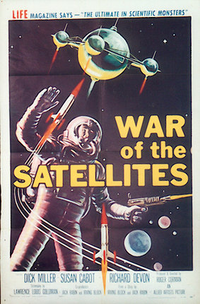 a poster with a man in space suit and rockets
