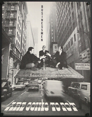 a poster of men sitting on a carpet