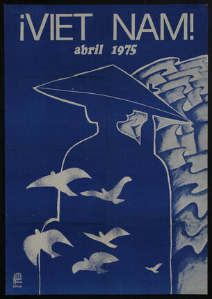 a blue and white poster with a silhouette of a figure in an Asian conical hat and a gun strapped to their back. With birds flying in the foreground.