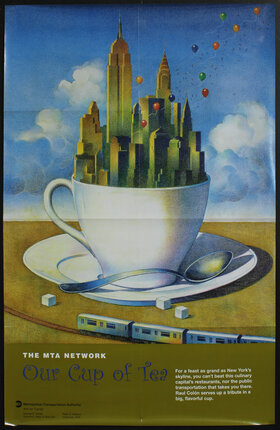 a poster of a teacup with a city in it