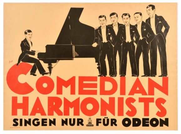 a poster with a group of men playing a piano