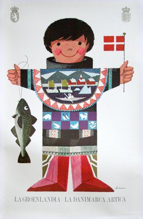 a child holding a flag and a fish