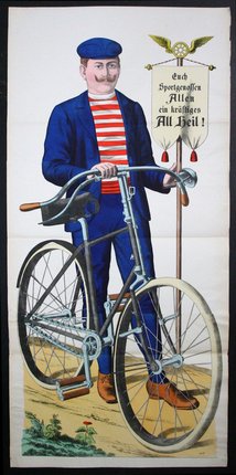 a poster of a man holding a bicycle