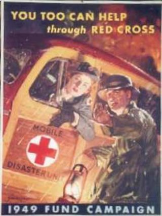 a poster of a man and woman in a red cross truck