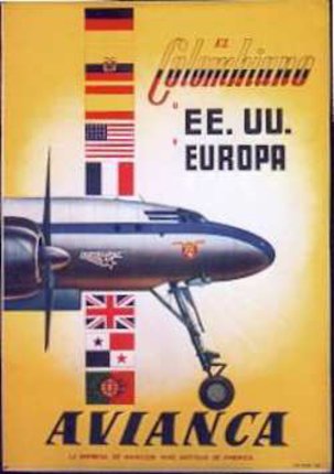 a poster with a plane and flags