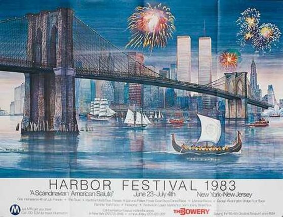 a poster of a bridge over water with boats and fireworks