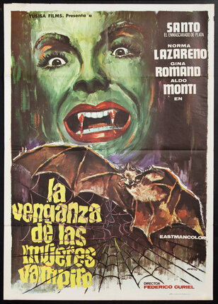 a poster of a woman with a green face and a bat