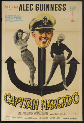 a poster with a man's face at the top of a ship's anchor and two women standing on either side of it