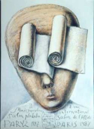 a drawing of a person with rolled up paper on their eyes