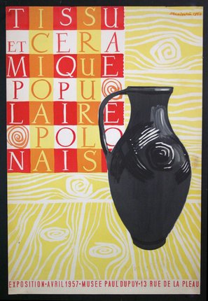 a black vase with a yellow background